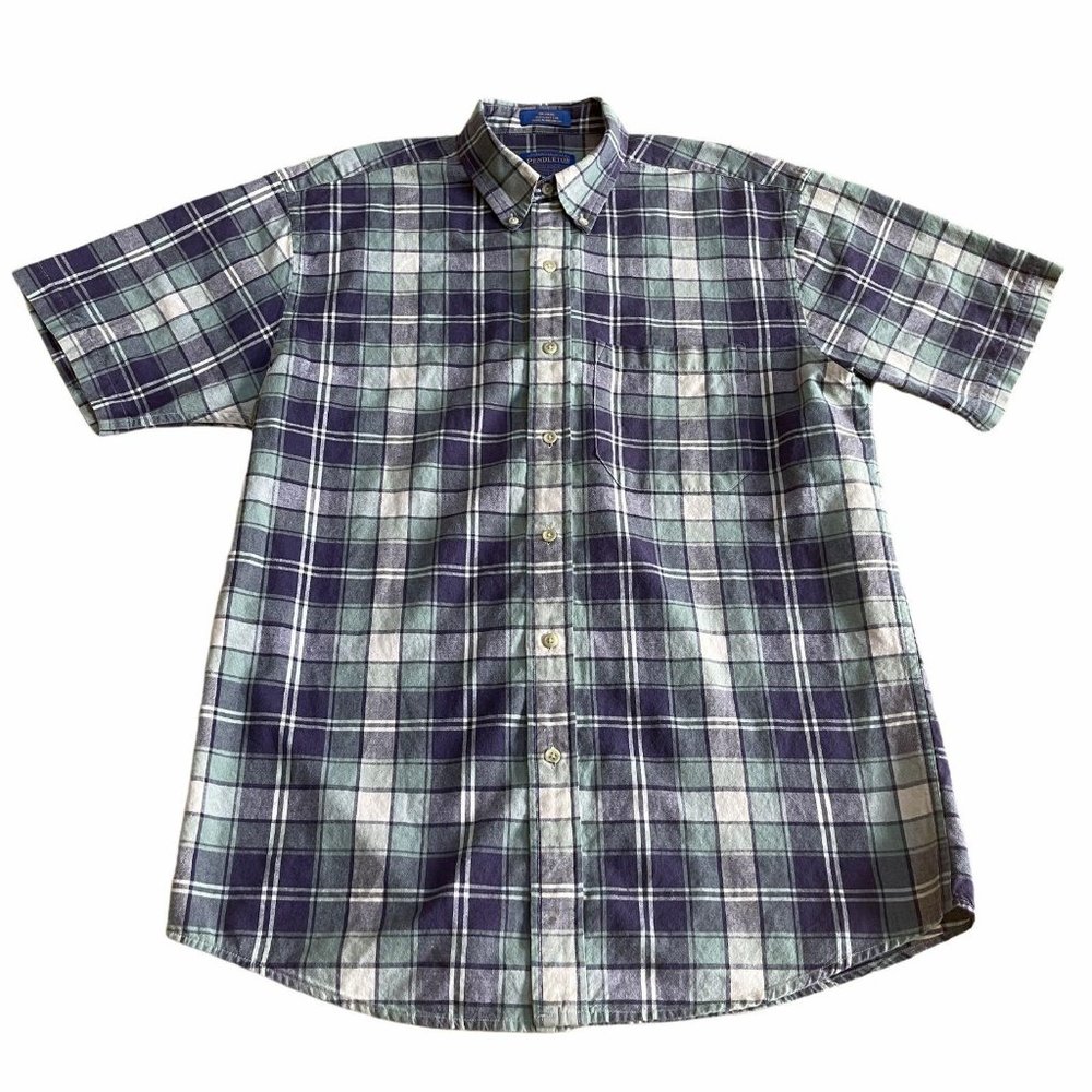 Pendleton Black Watch Plaid Blue Green Button Up Shirt Short Sleeve, Size M